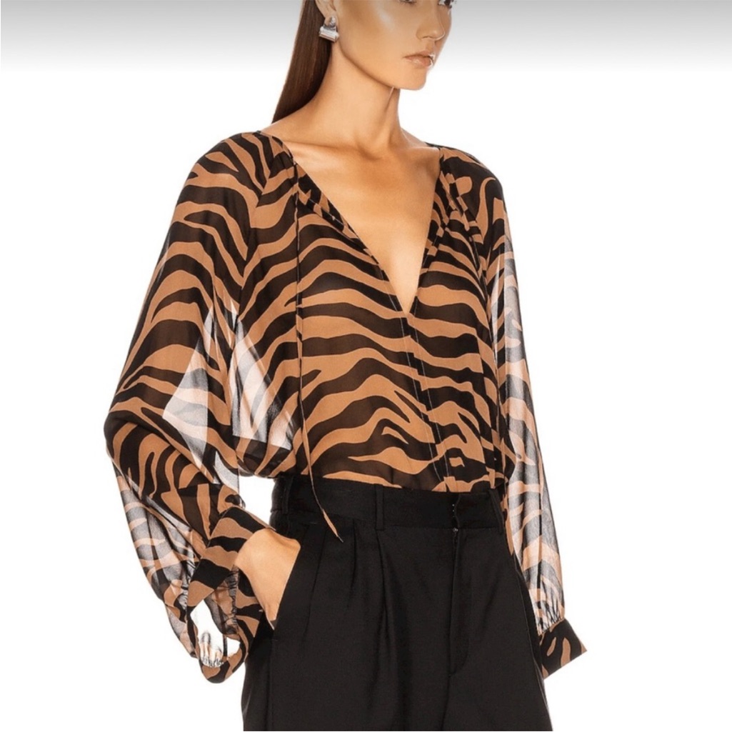 Nili Lotan Brown And Black Zebra-Print Sheer V-Neck Blouse